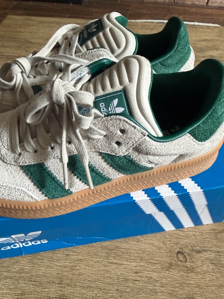 Adidas Cream Suede Sneakers With Green Accents